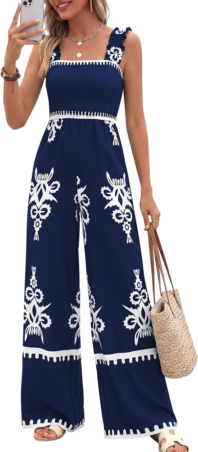 🌸 PRETTYGARDEN – Combinaison bohème fleurie pour femme, bretelles froncées et pantalon palazzo