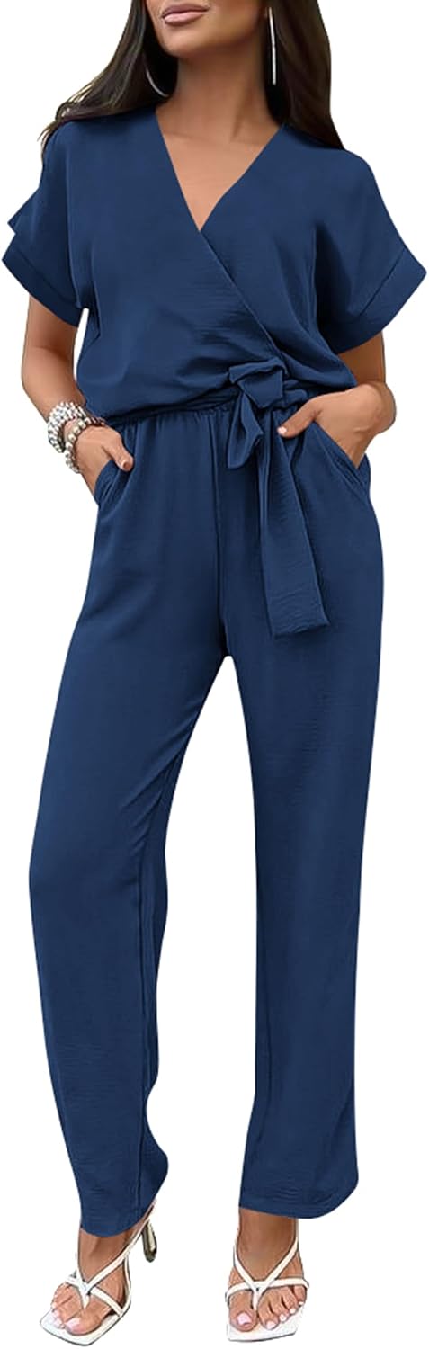 PRETTYGARDEN – Combinaison femme élégante, col V cache-cœur, taille nouée et pantalon large