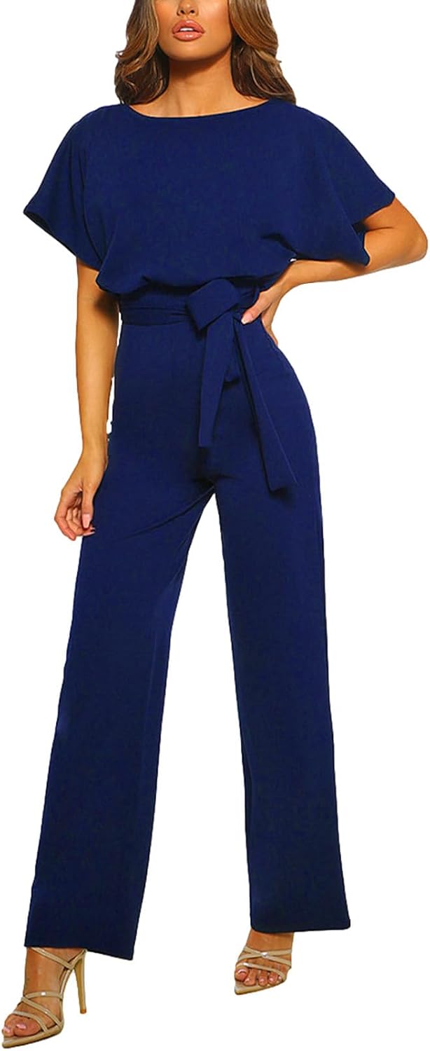 ✨ amropi – Combinaison Femme Élégante à Manches Courtes, Taille Nouée & Jambes Larges