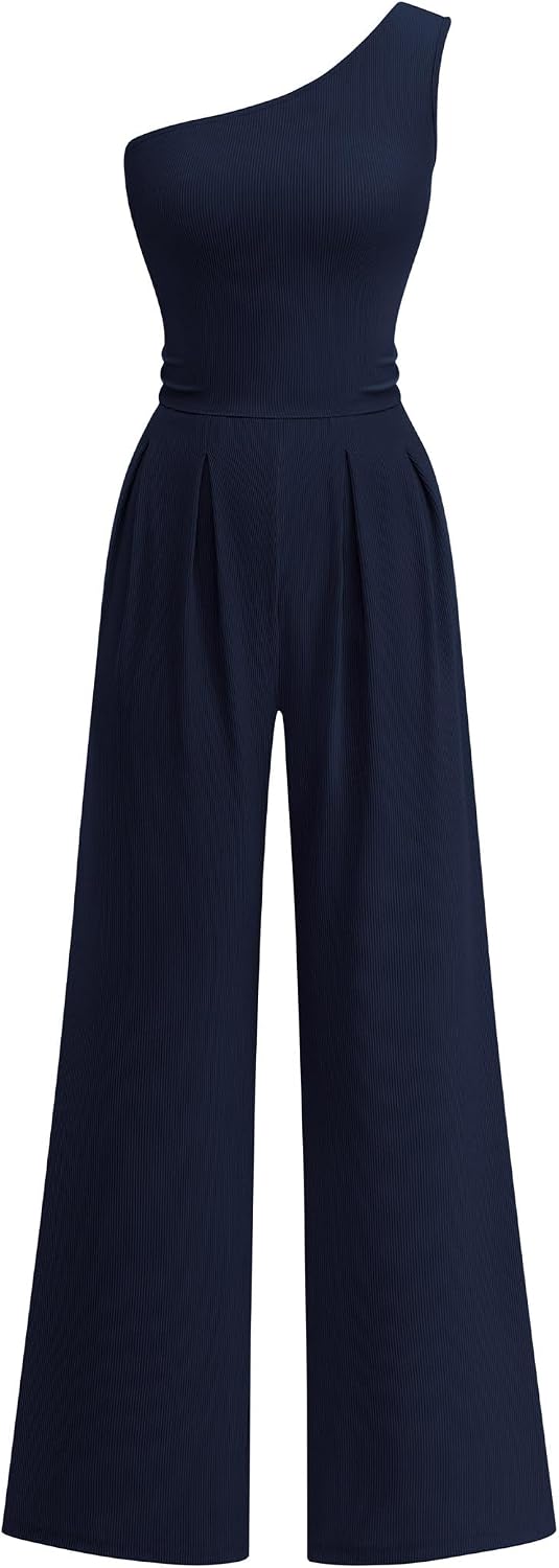 KIRUNDO – Combinaison femme élégante asymétrique, taille froncée et pantalon large avec poches