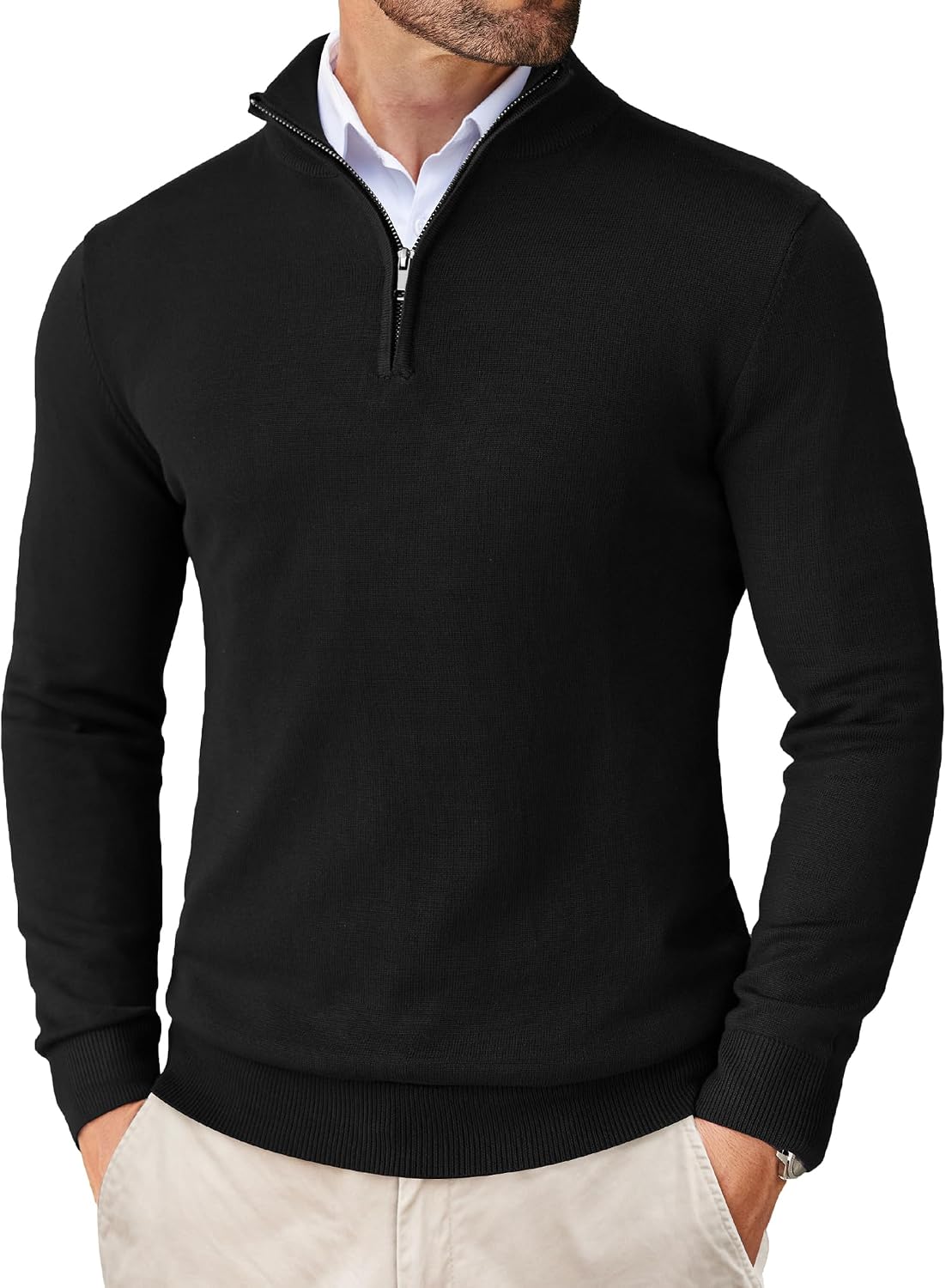 COOFANDY – Pull Homme Tricoté à Col Montant Zippé – Maille Noire Casual & Élégante