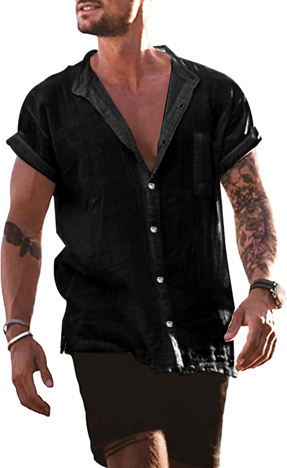 YAOBAOLE – Chemise Homme en Lin à Manches Courtes – Col Mao, Légère & Décontractée pour l’Été