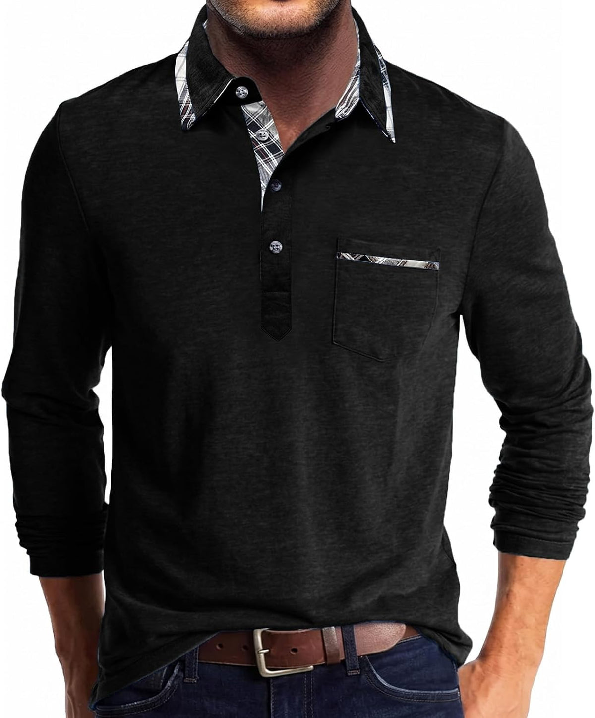 Polo homme manches longues à col à carreaux – Modèle élégant avec poche