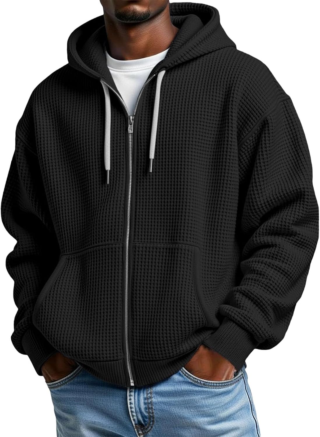 Veste homme à capuche zippée, coupe oversize gaufrée