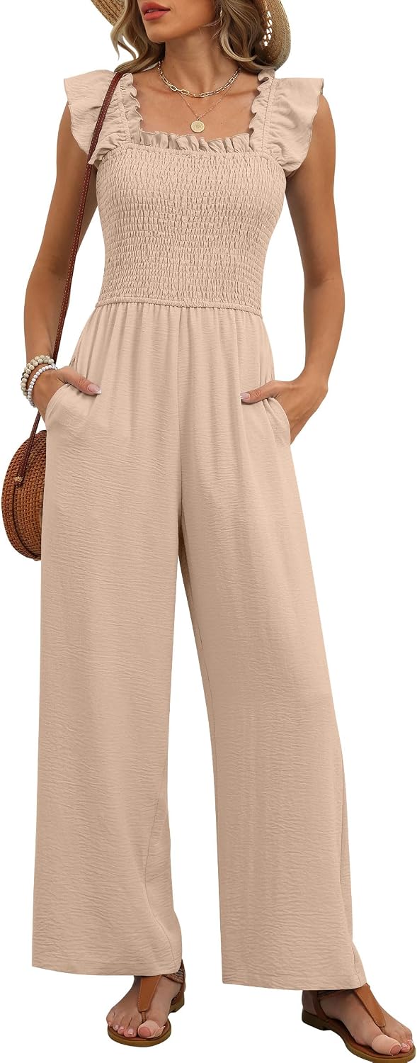 🤎 Caracilia – Combinaison élégante pour femme, corsage smocké, manches à volants et pantalon large avec poches