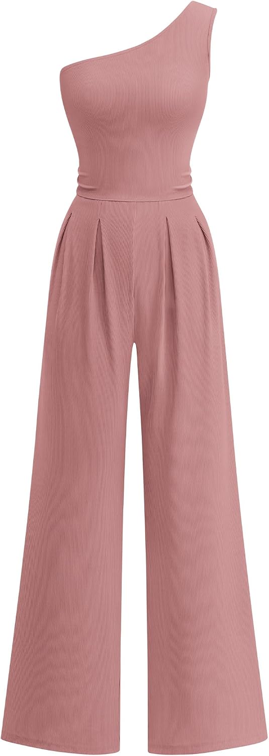 KIRUNDO – Combinaison femme élégante asymétrique, taille froncée et pantalon large avec poches