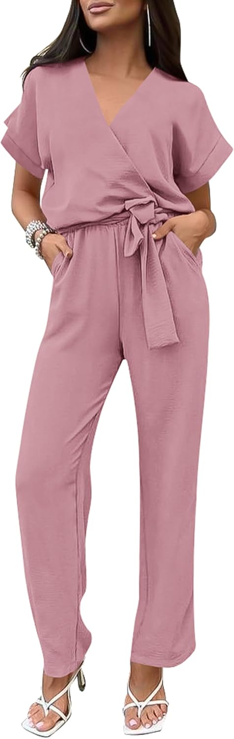 PRETTYGARDEN – Combinaison femme élégante, col V cache-cœur, taille nouée et pantalon large
