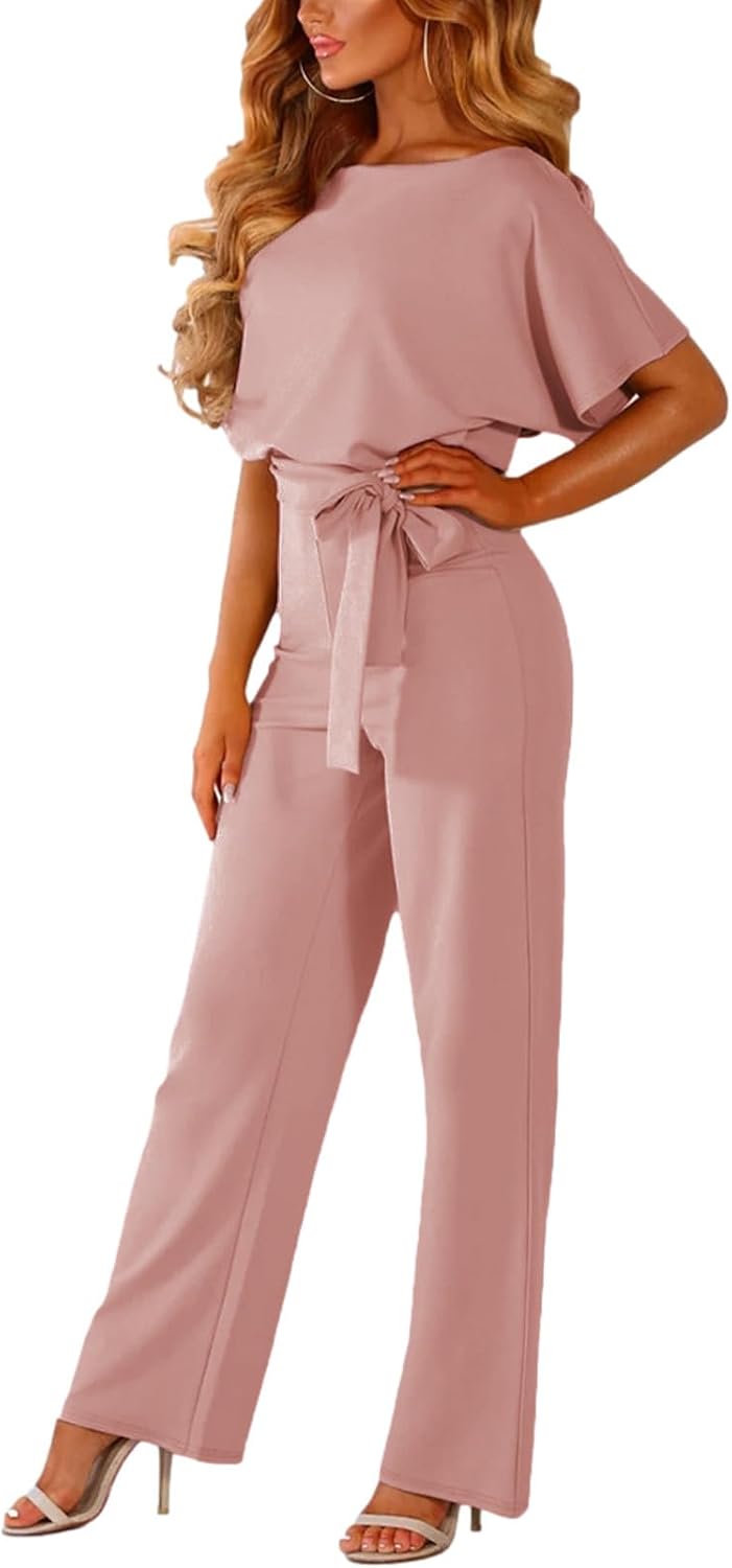 ✨ amropi – Combinaison Femme Élégante à Manches Courtes, Taille Nouée & Jambes Larges