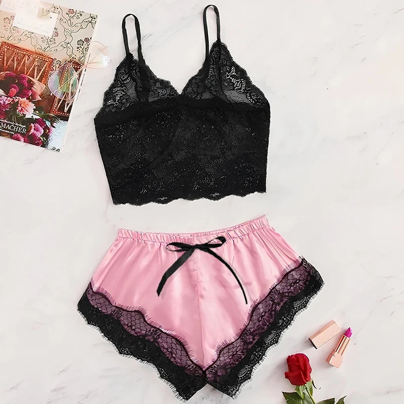 🖤🌸 Pyjama femme en dentelle transparente – Caraco à bretelles et short – Ensemble 2 pièces