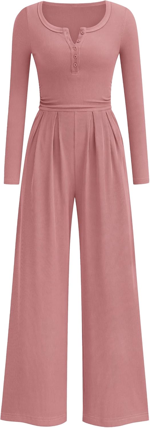 PRETTYGARDEN – Combinaison Palazzo Femme à Manches Longues, Taille Froncée & Poches
