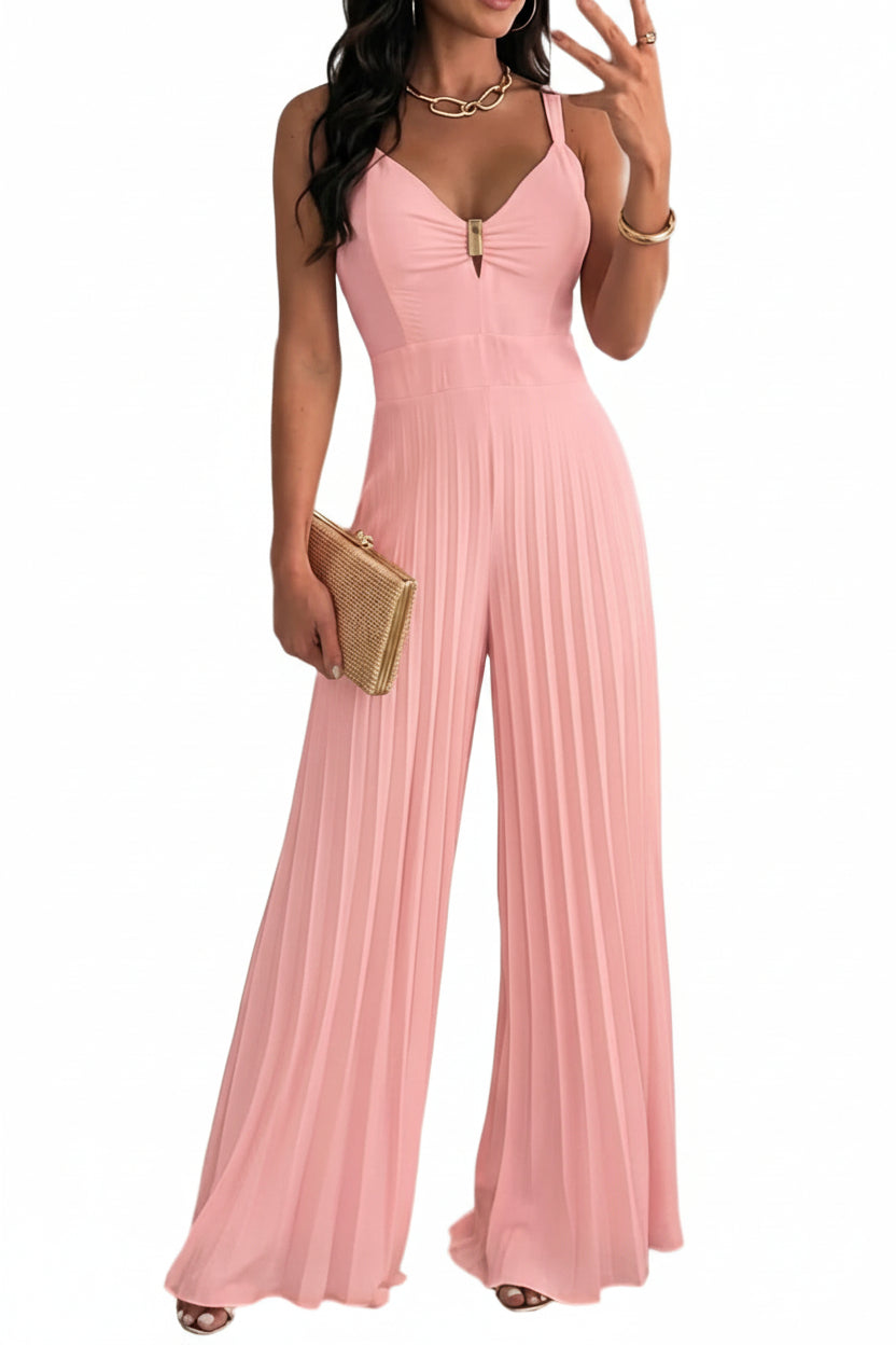 💛 CHICME – Combinaison femme plissée jaune, décolleté en V profond & pantalon large doublé