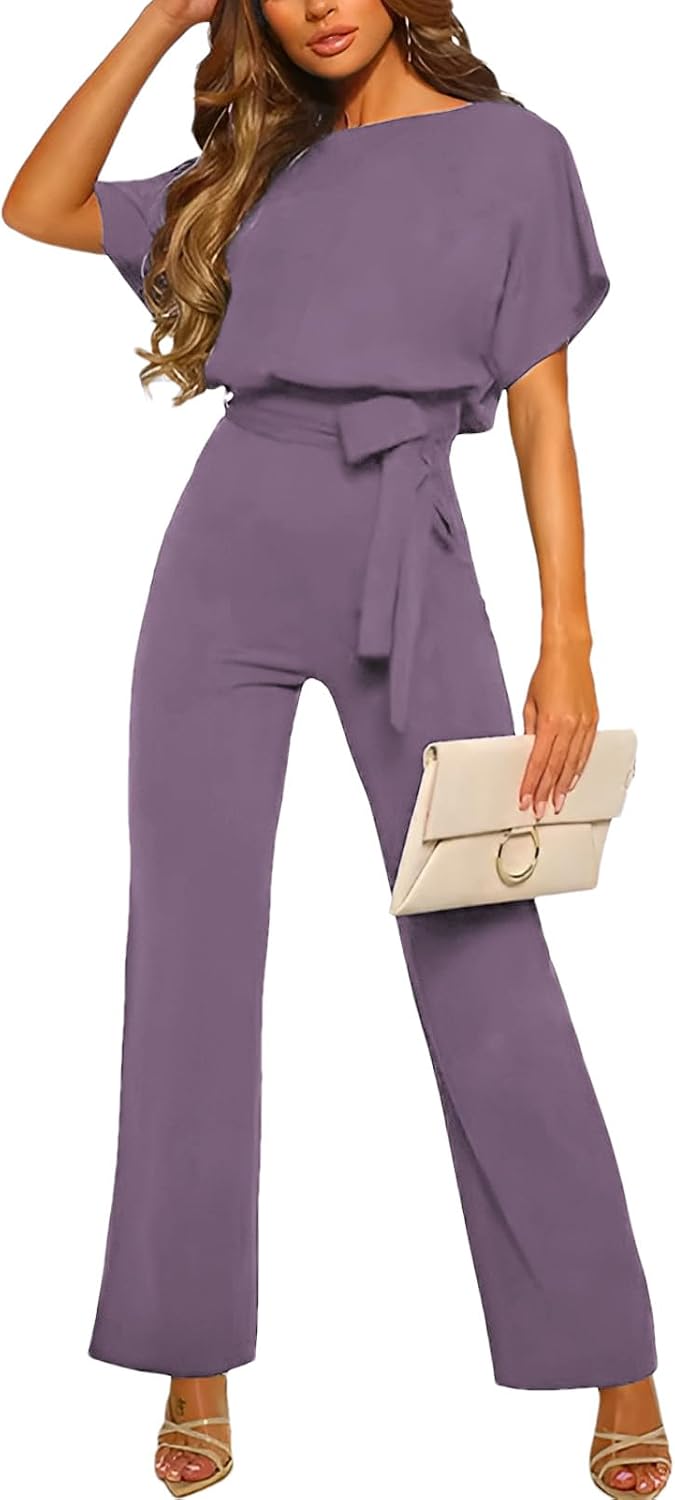 ✨ amropi – Combinaison Femme Élégante à Manches Courtes, Taille Nouée & Jambes Larges