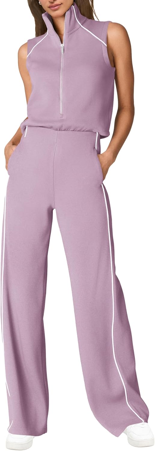 🖤 SENSERISE – Combinaison Femme Sans Manches, Col Montant Zippé & Pantalon Large avec Poches