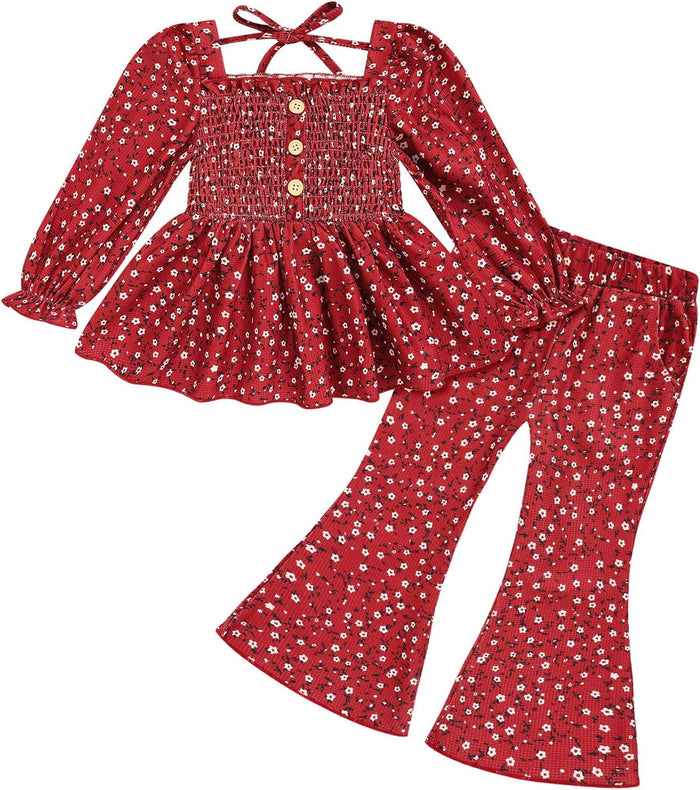 Ensemble fille avec haut smocké et pantalon évasé