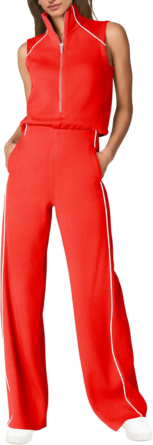 🖤 SENSERISE – Combinaison Femme Sans Manches, Col Montant Zippé & Pantalon Large avec Poches
