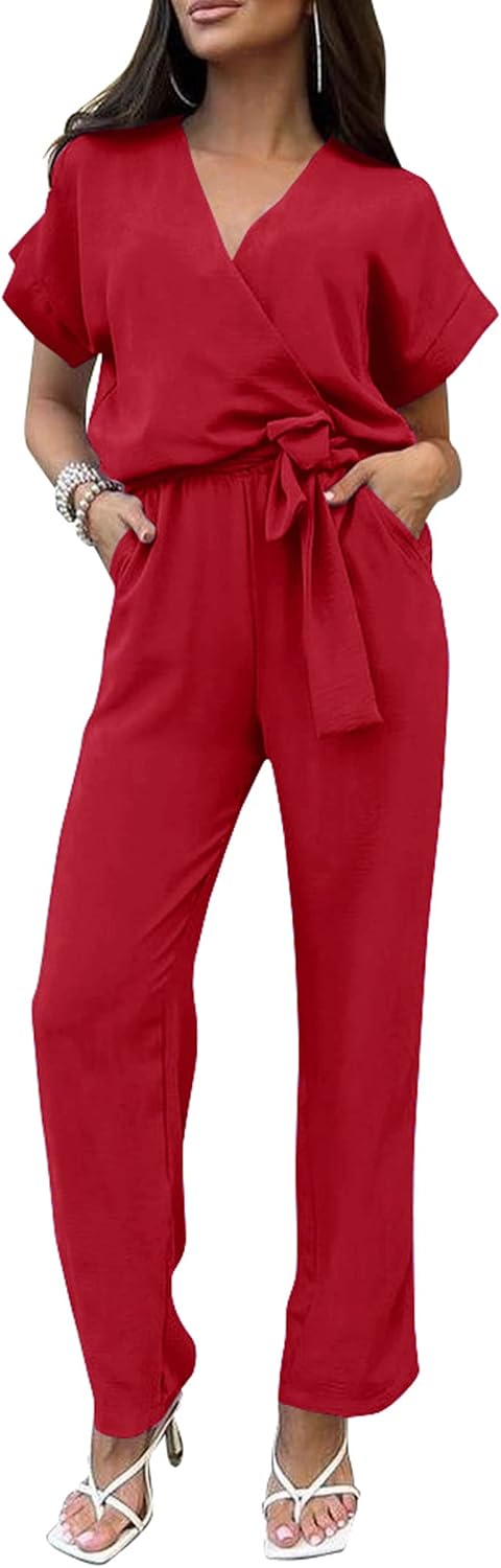 PRETTYGARDEN – Combinaison femme élégante, col V cache-cœur, taille nouée et pantalon large
