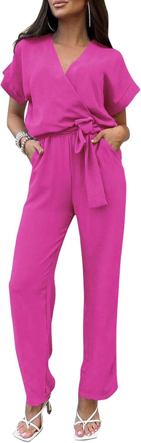 PRETTYGARDEN – Combinaison femme élégante, col V cache-cœur, taille nouée et pantalon large