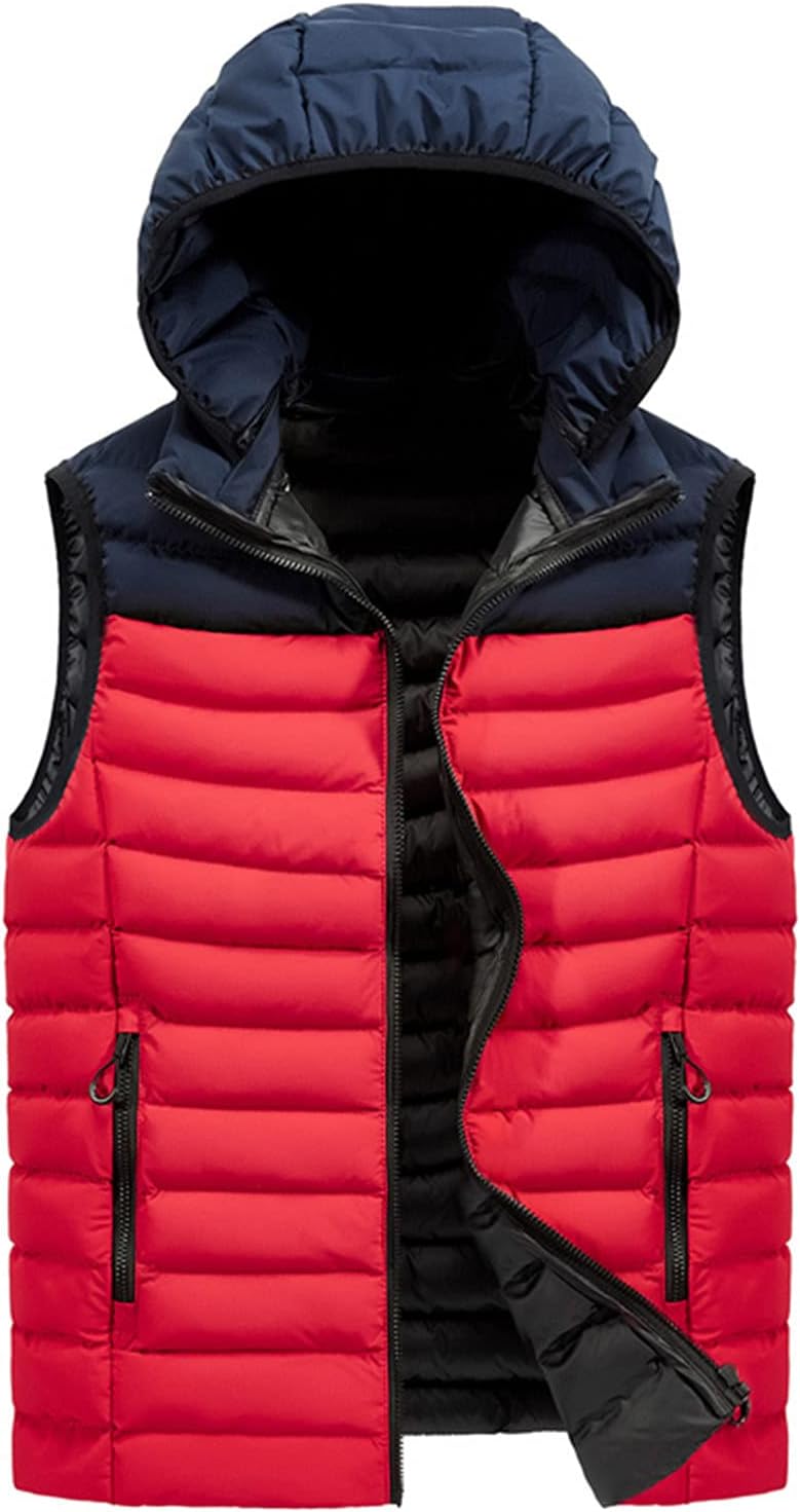 FSFA – Doudoune sans manches à capuche pour homme – Gilet chaud zippé color-block pour l’hiver