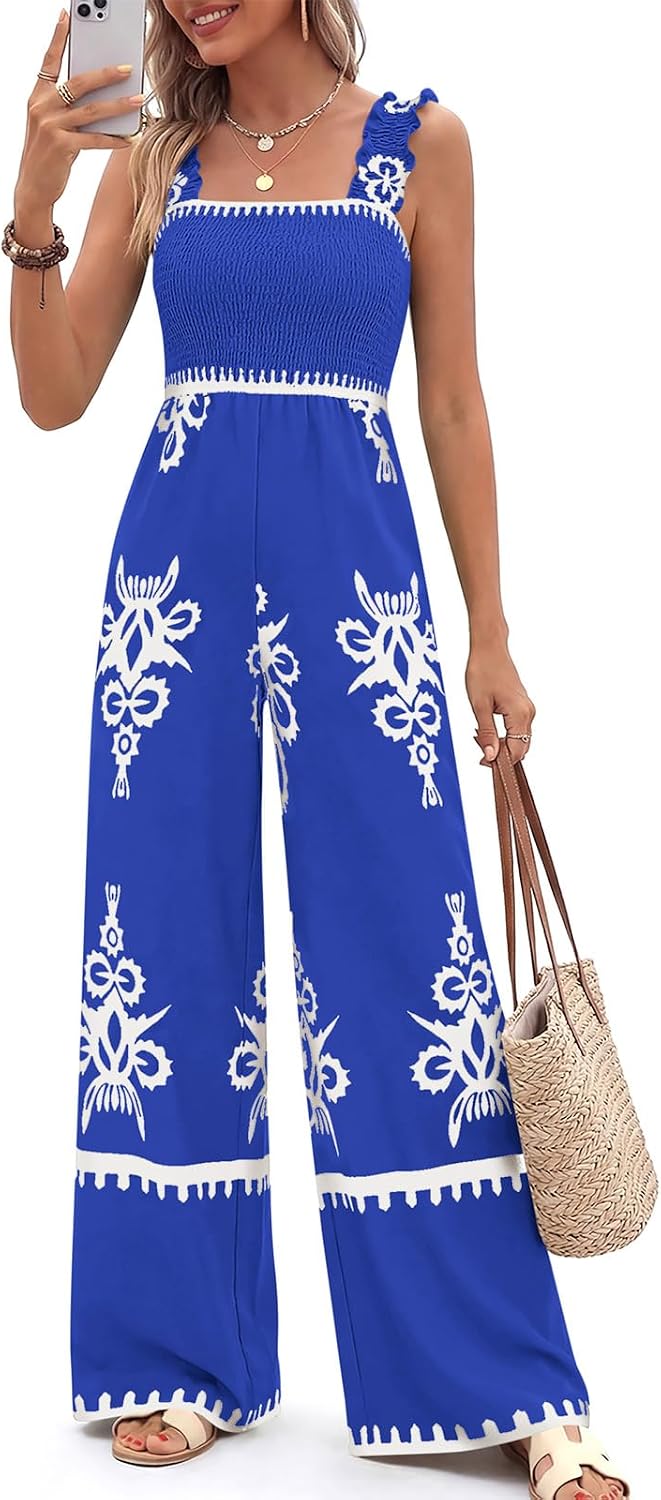 🌸 PRETTYGARDEN – Combinaison bohème fleurie pour femme, bretelles froncées et pantalon palazzo