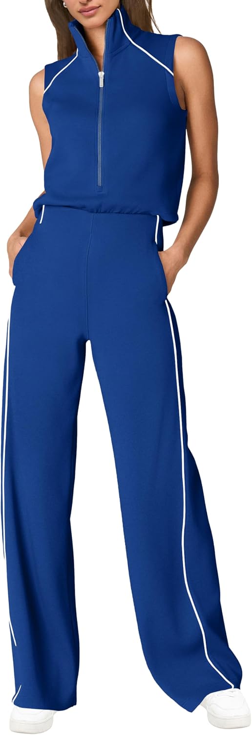 🖤 SENSERISE – Combinaison Femme Sans Manches, Col Montant Zippé & Pantalon Large avec Poches