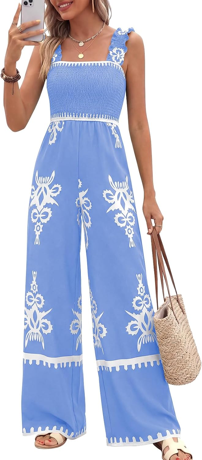 🌸 PRETTYGARDEN – Combinaison bohème fleurie pour femme, bretelles froncées et pantalon palazzo