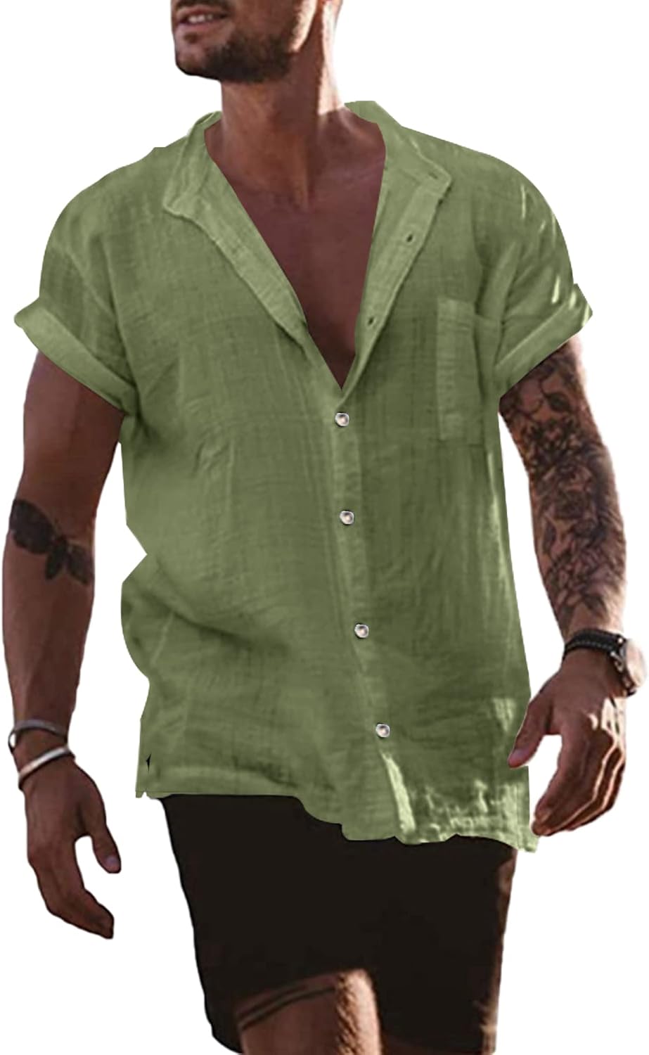 YAOBAOLE – Chemise Homme en Lin à Manches Courtes – Col Mao, Légère & Décontractée pour l’Été