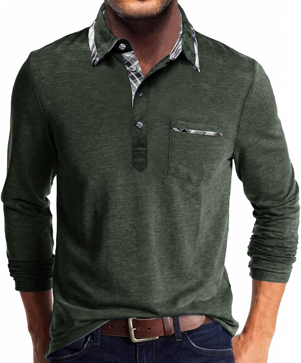 Polo homme manches longues à col à carreaux – Modèle élégant avec poche