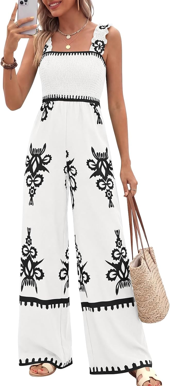 🌸 PRETTYGARDEN – Combinaison bohème fleurie pour femme, bretelles froncées et pantalon palazzo
