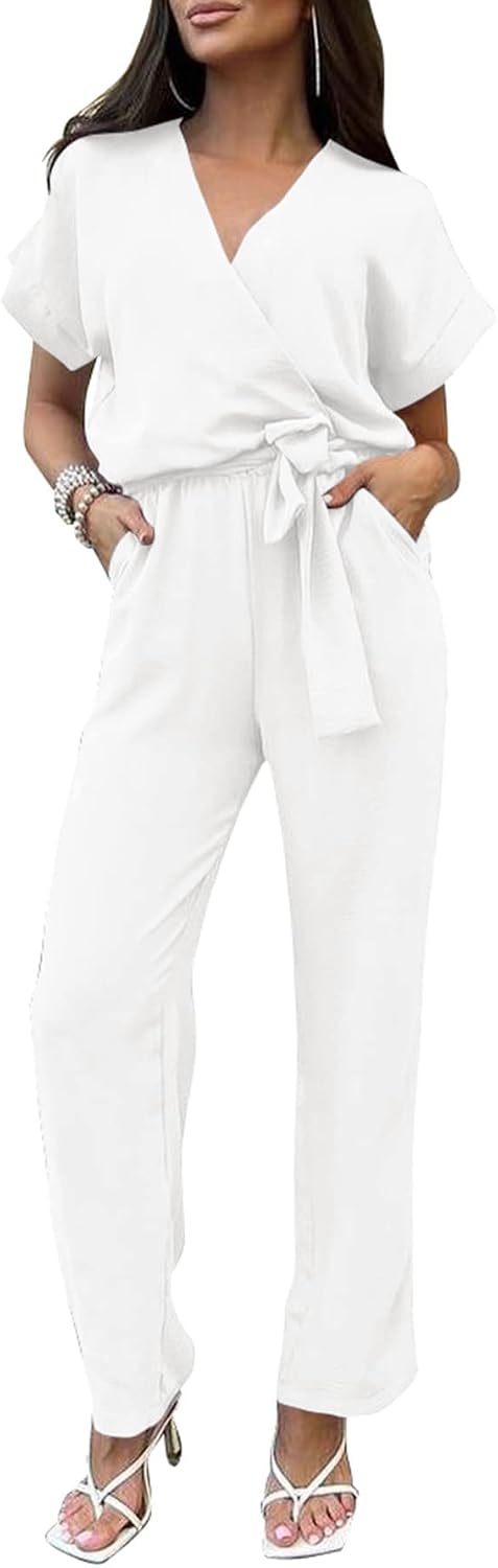 PRETTYGARDEN – Combinaison femme élégante, col V cache-cœur, taille nouée et pantalon large