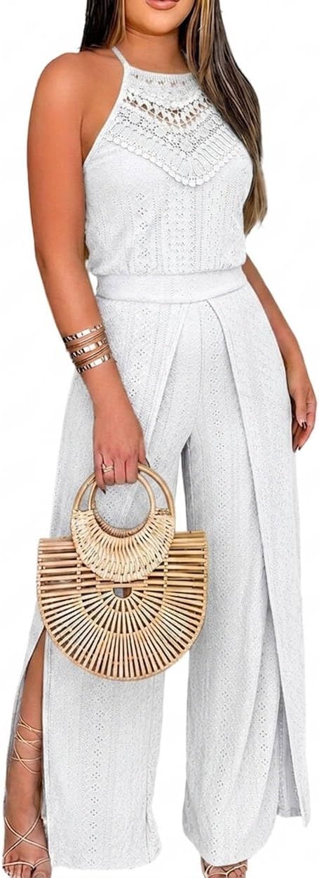 💚 CHICME – Combinaison Femme à broderie ajourée, col licou en crochet & pantalon large fendu
