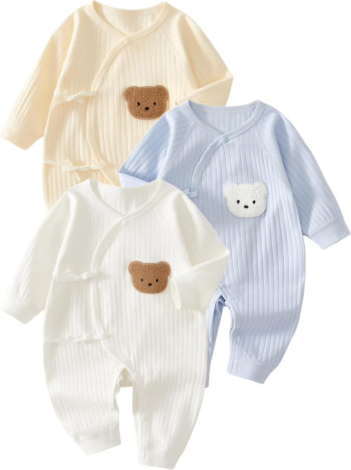 Lot de 3 vêtements bébé en coton – Blanc, bleu et beige