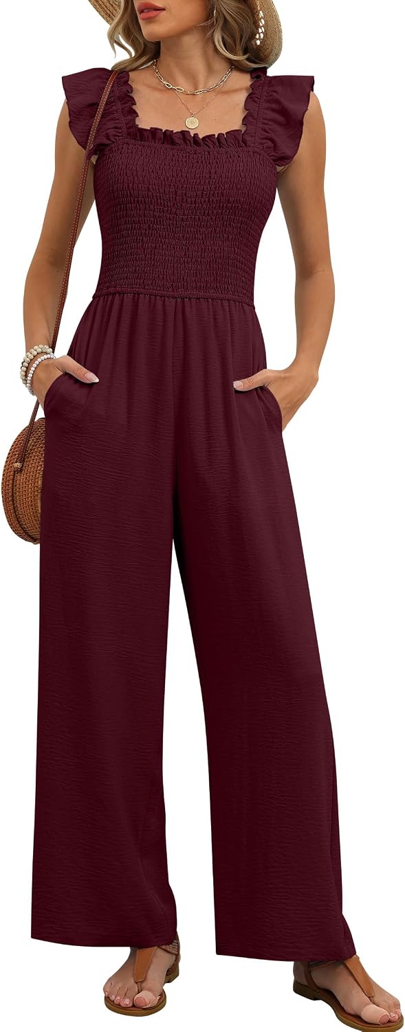 🤎 Caracilia – Combinaison élégante pour femme, corsage smocké, manches à volants et pantalon large avec poches