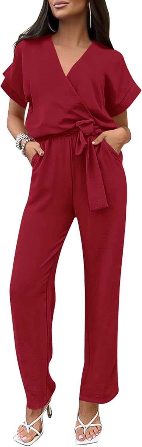 PRETTYGARDEN – Combinaison femme élégante, col V cache-cœur, taille nouée et pantalon large