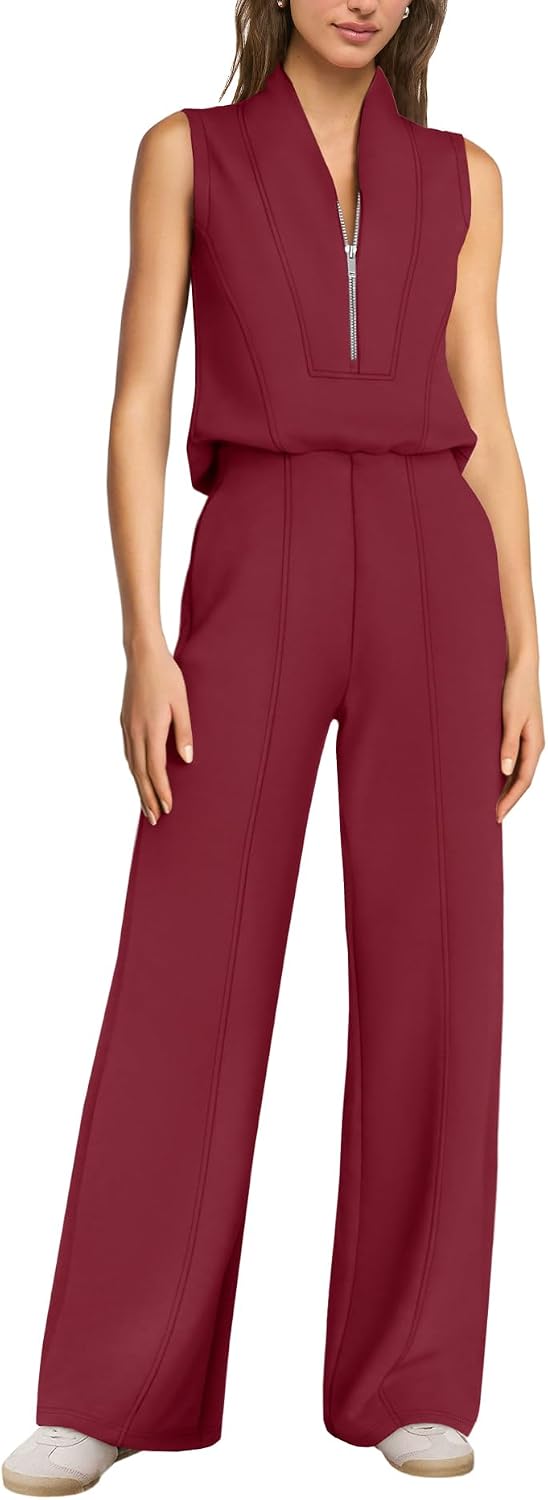 SENSERISE – Combinaison de voyage pour femme à jambes larges, demi-zip et coupe décontractée chic
