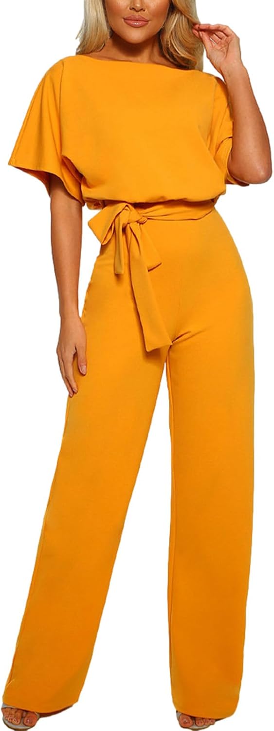 ✨ amropi – Combinaison Femme Élégante à Manches Courtes, Taille Nouée & Jambes Larges