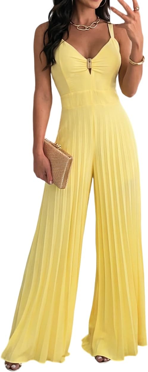 💛 CHICME – Combinaison femme plissée jaune, décolleté en V profond & pantalon large doublé