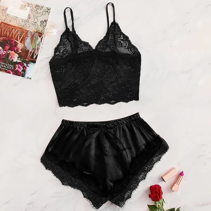 🖤🌸 Pyjama femme en dentelle transparente – Caraco à bretelles et short – Ensemble 2 pièces