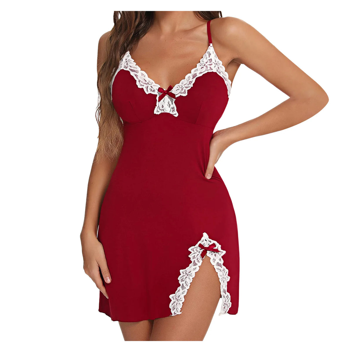 🌹 Nuisette Femme en Satin & Dentelle – Col V, Sans Manches & Ourlet Fendu – Lingerie de Nuit Élégante