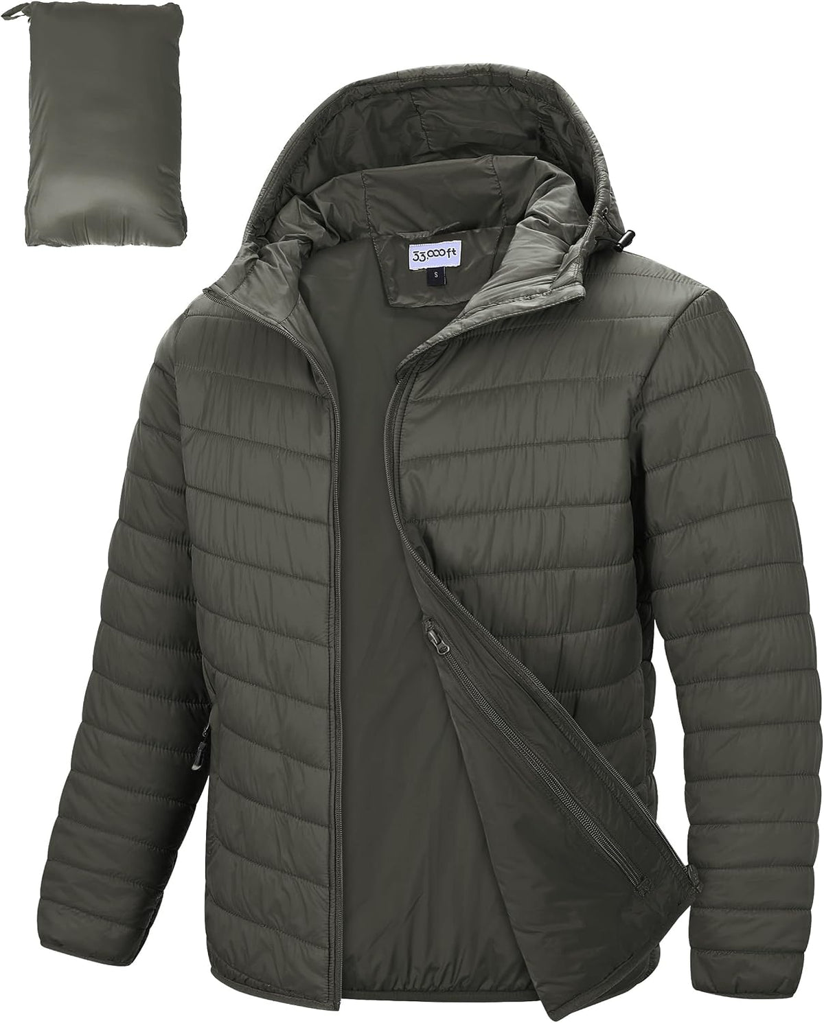 33,000ft – Veste matelassée légère à capuche pour homme – Chaude, résistante à l’eau et pliable
